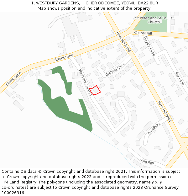 1, WESTBURY GARDENS, HIGHER ODCOMBE, YEOVIL, BA22 8UR: Location map and indicative extent of plot