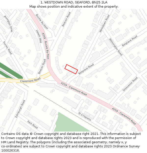 1, WESTDOWN ROAD, SEAFORD, BN25 2LA: Location map and indicative extent of plot