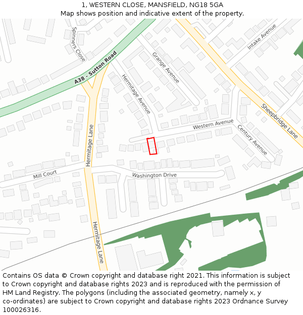 1, WESTERN CLOSE, MANSFIELD, NG18 5GA: Location map and indicative extent of plot