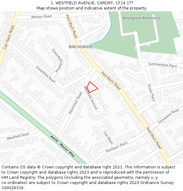 1, WESTFIELD AVENUE, CARDIFF, CF14 1TT: Location map and indicative extent of plot