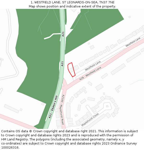 1, WESTFIELD LANE, ST LEONARDS-ON-SEA, TN37 7NE: Location map and indicative extent of plot