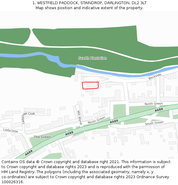 1, WESTFIELD PADDOCK, STAINDROP, DARLINGTON, DL2 3LT: Location map and indicative extent of plot