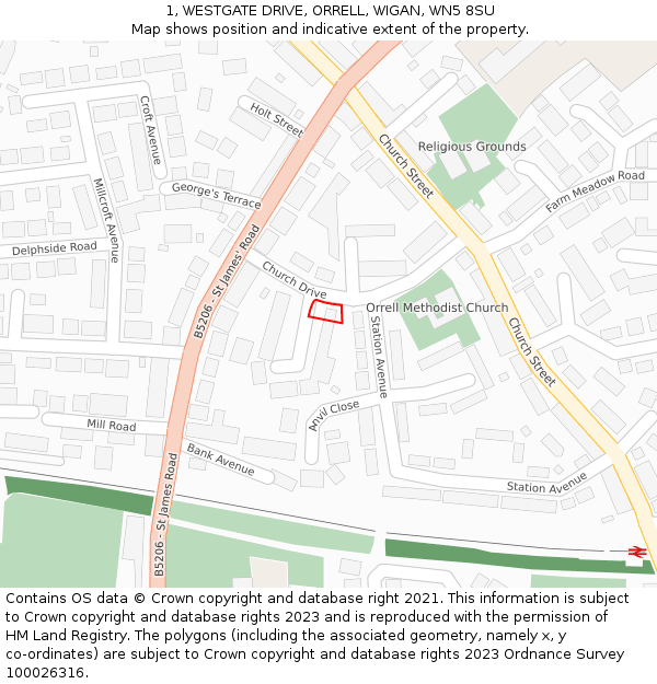 1, WESTGATE DRIVE, ORRELL, WIGAN, WN5 8SU: Location map and indicative extent of plot