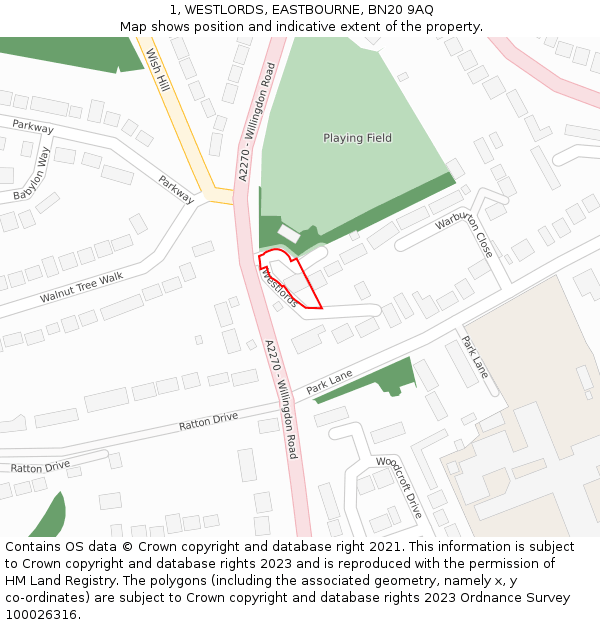 1, WESTLORDS, EASTBOURNE, BN20 9AQ: Location map and indicative extent of plot