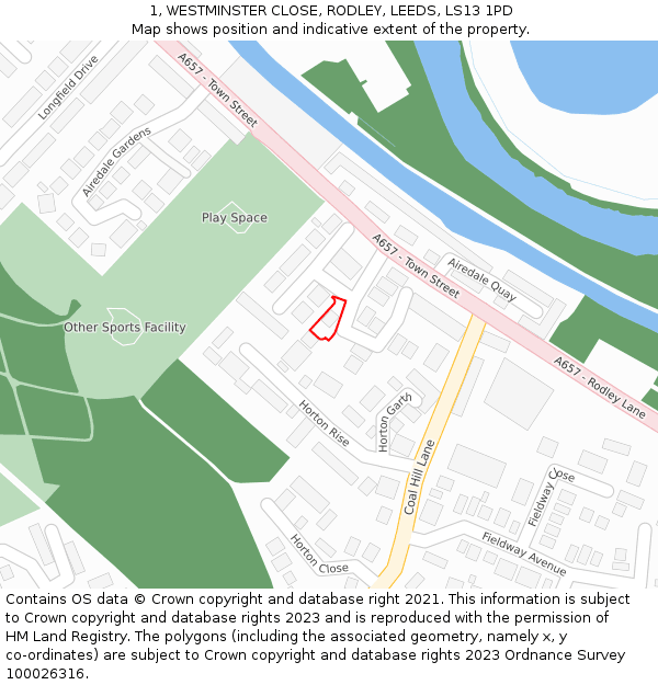 1, WESTMINSTER CLOSE, RODLEY, LEEDS, LS13 1PD: Location map and indicative extent of plot