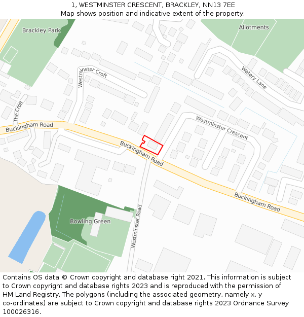 1, WESTMINSTER CRESCENT, BRACKLEY, NN13 7EE: Location map and indicative extent of plot