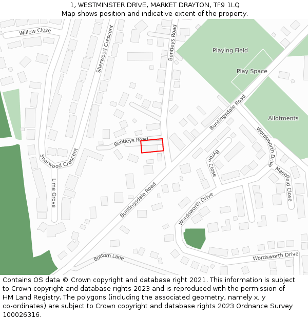 1, WESTMINSTER DRIVE, MARKET DRAYTON, TF9 1LQ: Location map and indicative extent of plot