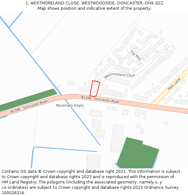 1, WESTMORELAND CLOSE, WESTWOODSIDE, DONCASTER, DN9 2DZ: Location map and indicative extent of plot