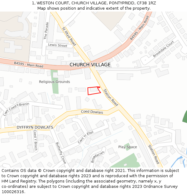 1, WESTON COURT, CHURCH VILLAGE, PONTYPRIDD, CF38 1RZ: Location map and indicative extent of plot