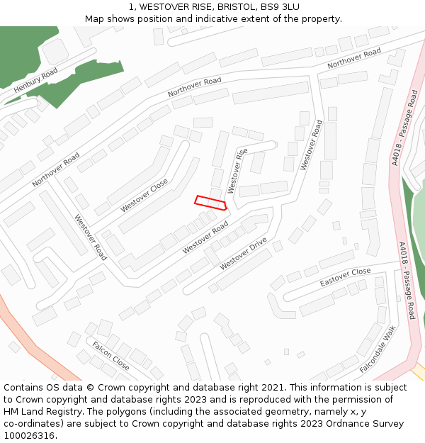 1, WESTOVER RISE, BRISTOL, BS9 3LU: Location map and indicative extent of plot