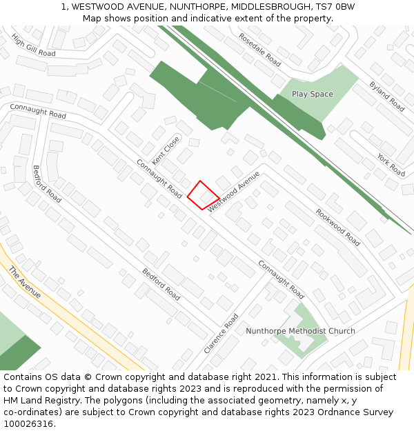 1, WESTWOOD AVENUE, NUNTHORPE, MIDDLESBROUGH, TS7 0BW: Location map and indicative extent of plot