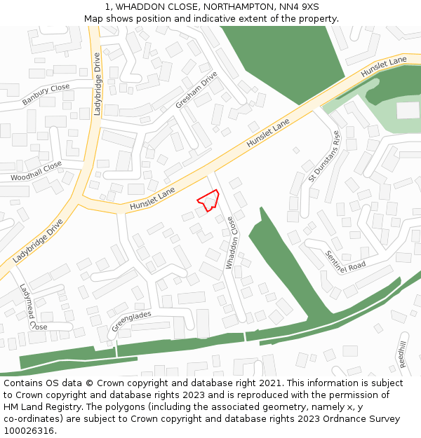 1, WHADDON CLOSE, NORTHAMPTON, NN4 9XS: Location map and indicative extent of plot