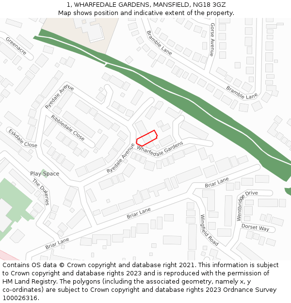 1, WHARFEDALE GARDENS, MANSFIELD, NG18 3GZ: Location map and indicative extent of plot