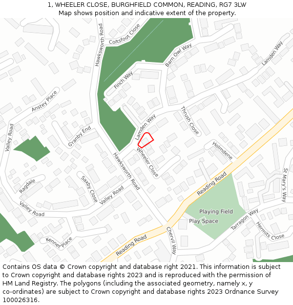 1, WHEELER CLOSE, BURGHFIELD COMMON, READING, RG7 3LW: Location map and indicative extent of plot