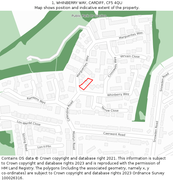 1, WHINBERRY WAY, CARDIFF, CF5 4QU: Location map and indicative extent of plot