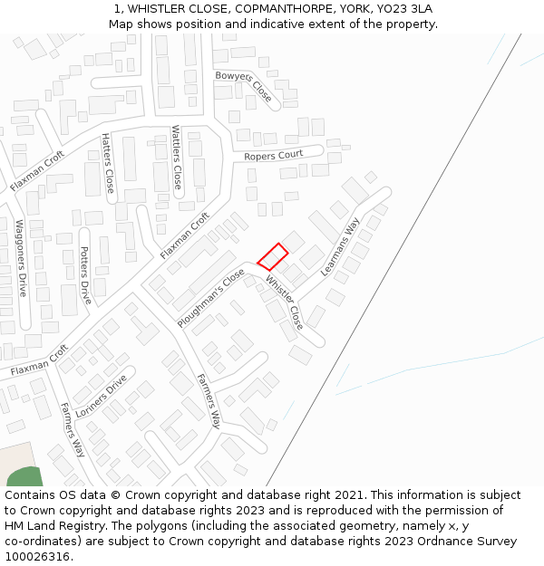 1, WHISTLER CLOSE, COPMANTHORPE, YORK, YO23 3LA: Location map and indicative extent of plot