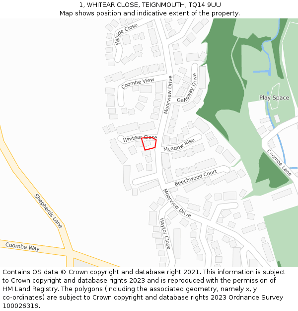 1, WHITEAR CLOSE, TEIGNMOUTH, TQ14 9UU: Location map and indicative extent of plot