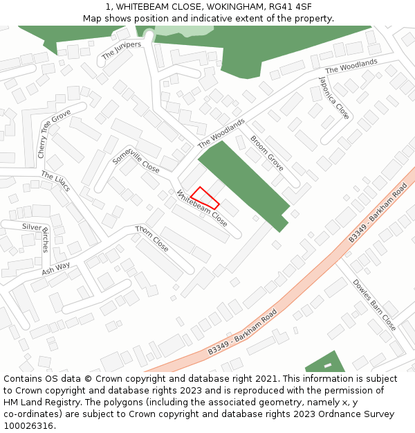 1, WHITEBEAM CLOSE, WOKINGHAM, RG41 4SF: Location map and indicative extent of plot