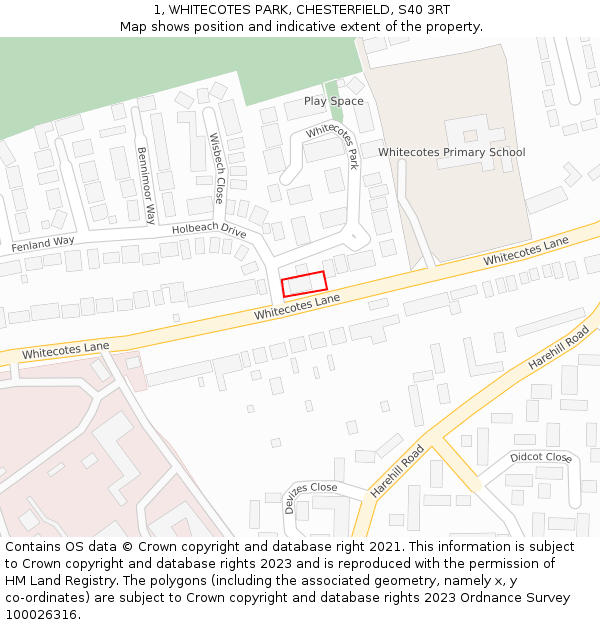 1, WHITECOTES PARK, CHESTERFIELD, S40 3RT: Location map and indicative extent of plot