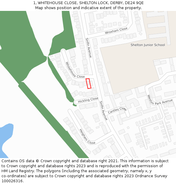 1, WHITEHOUSE CLOSE, SHELTON LOCK, DERBY, DE24 9QE: Location map and indicative extent of plot