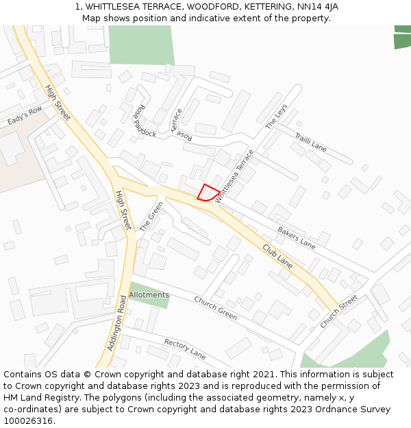 1, WHITTLESEA TERRACE, WOODFORD, KETTERING, NN14 4JA: Location map and indicative extent of plot