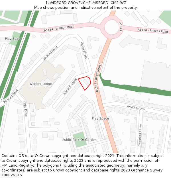 1, WIDFORD GROVE, CHELMSFORD, CM2 9AT: Location map and indicative extent of plot