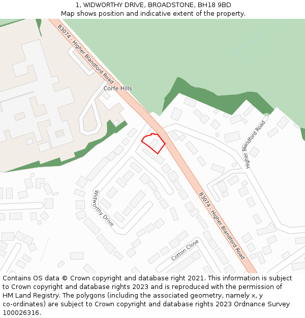 1, WIDWORTHY DRIVE, BROADSTONE, BH18 9BD: Location map and indicative extent of plot