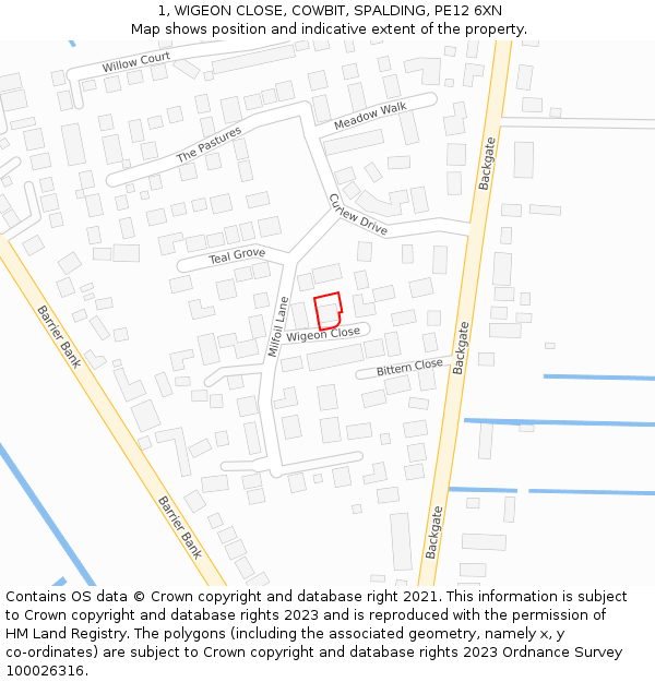 1, WIGEON CLOSE, COWBIT, SPALDING, PE12 6XN: Location map and indicative extent of plot