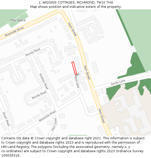 1, WIGGINS COTTAGES, RICHMOND, TW10 7HG: Location map and indicative extent of plot