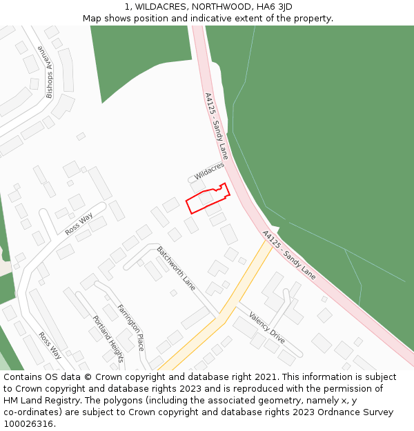 1, WILDACRES, NORTHWOOD, HA6 3JD: Location map and indicative extent of plot