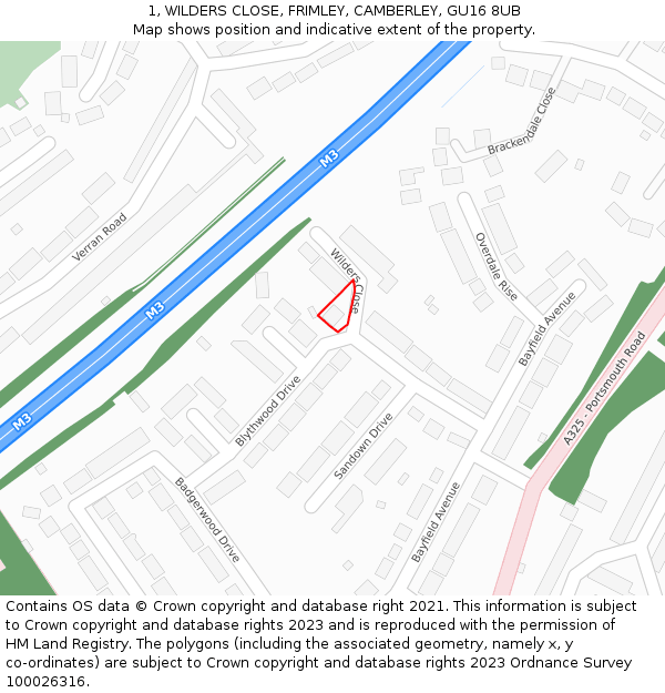 1, WILDERS CLOSE, FRIMLEY, CAMBERLEY, GU16 8UB: Location map and indicative extent of plot