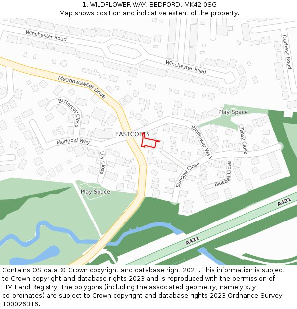 1, WILDFLOWER WAY, BEDFORD, MK42 0SG: Location map and indicative extent of plot