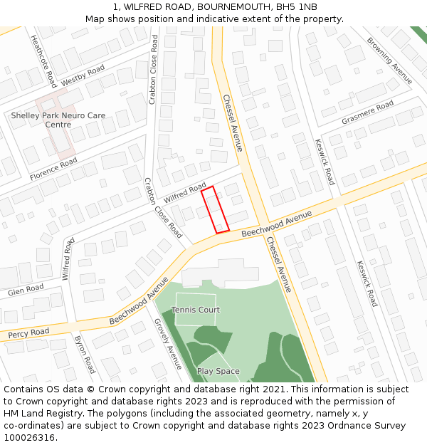 1, WILFRED ROAD, BOURNEMOUTH, BH5 1NB: Location map and indicative extent of plot