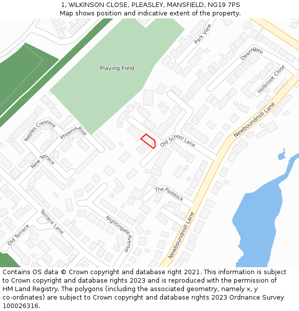 1, WILKINSON CLOSE, PLEASLEY, MANSFIELD, NG19 7PS: Location map and indicative extent of plot