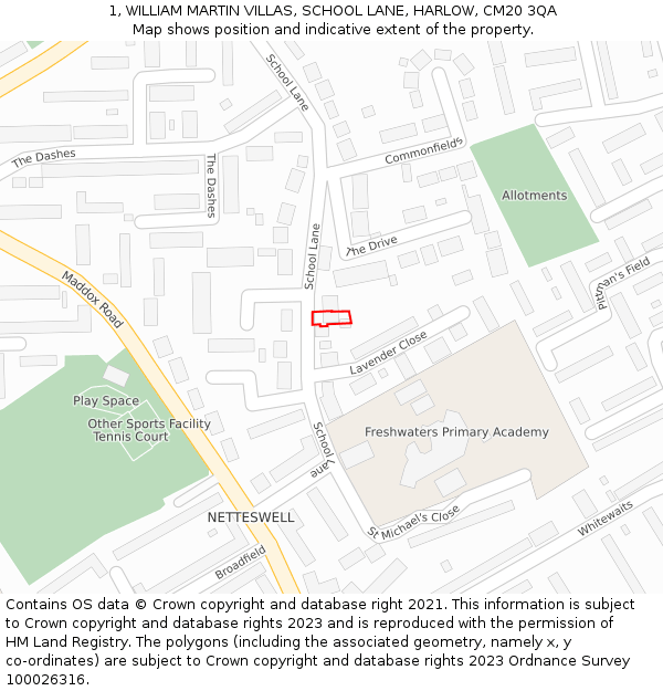 1, WILLIAM MARTIN VILLAS, SCHOOL LANE, HARLOW, CM20 3QA: Location map and indicative extent of plot