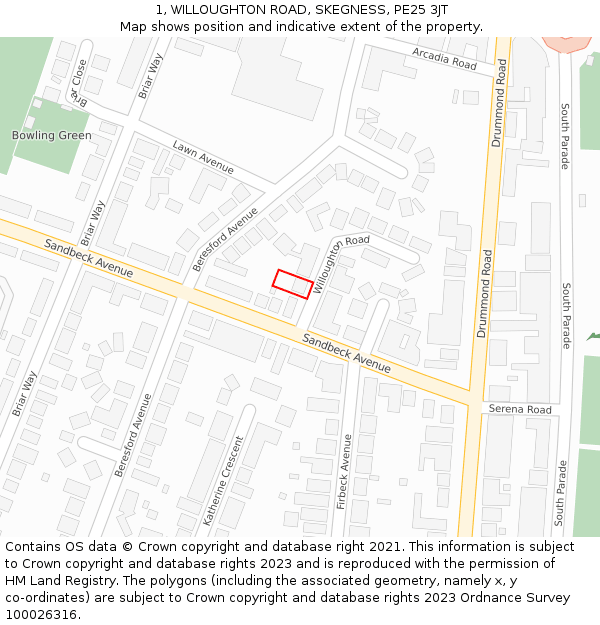 1, WILLOUGHTON ROAD, SKEGNESS, PE25 3JT: Location map and indicative extent of plot