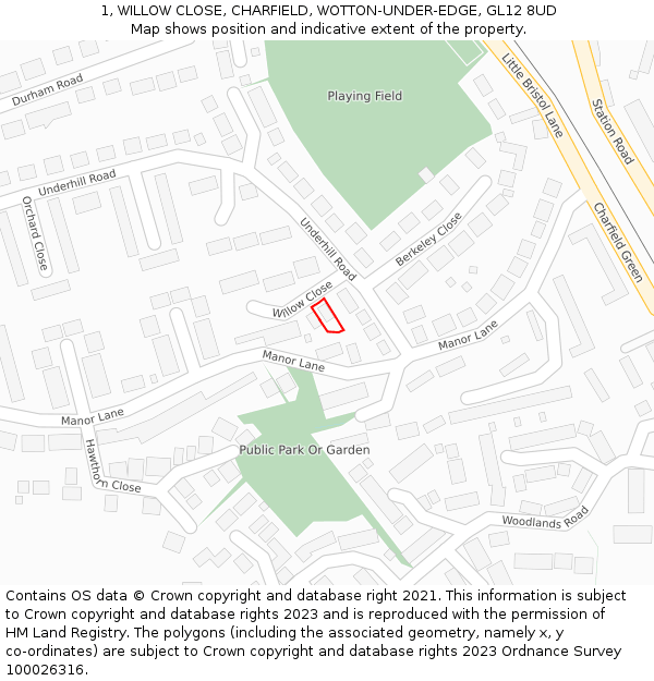 1, WILLOW CLOSE, CHARFIELD, WOTTON-UNDER-EDGE, GL12 8UD: Location map and indicative extent of plot