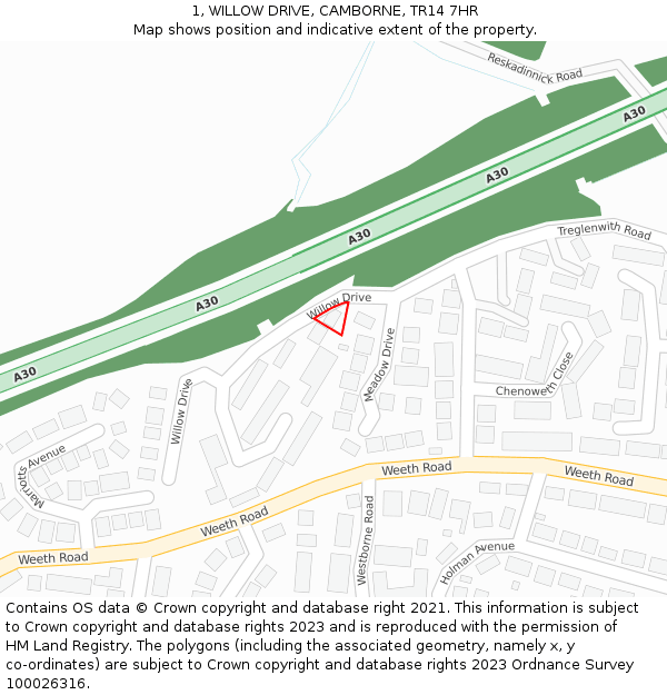 1, WILLOW DRIVE, CAMBORNE, TR14 7HR: Location map and indicative extent of plot