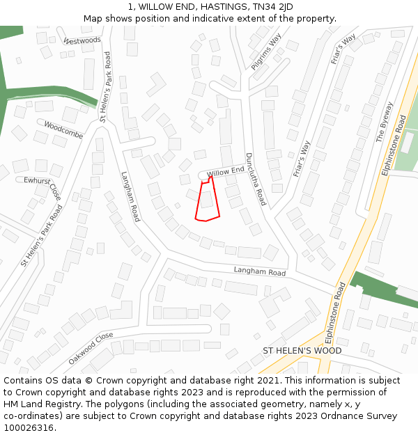 1, WILLOW END, HASTINGS, TN34 2JD: Location map and indicative extent of plot
