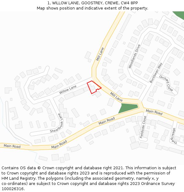1, WILLOW LANE, GOOSTREY, CREWE, CW4 8PP: Location map and indicative extent of plot