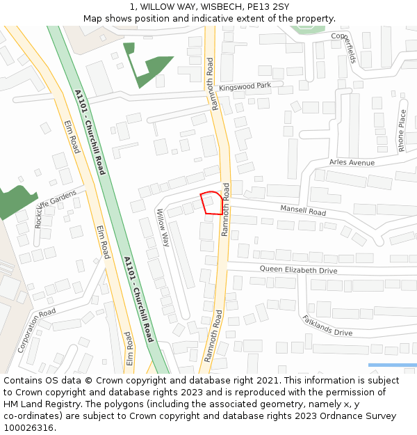 1, WILLOW WAY, WISBECH, PE13 2SY: Location map and indicative extent of plot