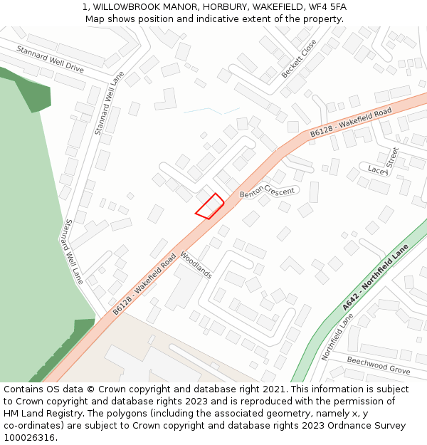 1, WILLOWBROOK MANOR, HORBURY, WAKEFIELD, WF4 5FA: Location map and indicative extent of plot