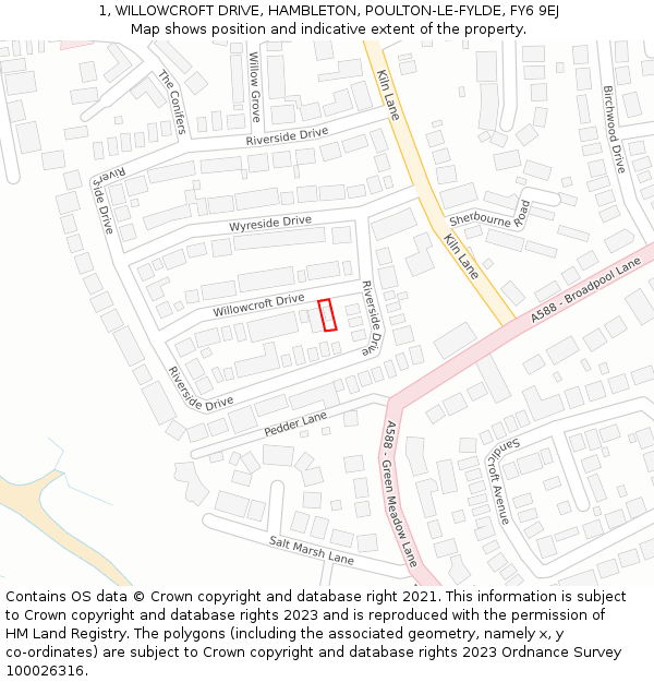1, WILLOWCROFT DRIVE, HAMBLETON, POULTON-LE-FYLDE, FY6 9EJ: Location map and indicative extent of plot