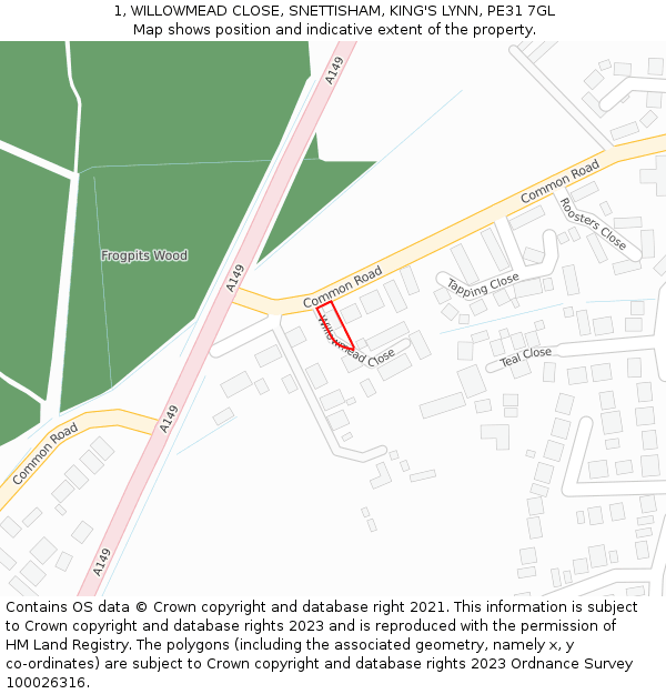 1, WILLOWMEAD CLOSE, SNETTISHAM, KING'S LYNN, PE31 7GL: Location map and indicative extent of plot
