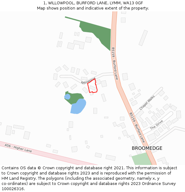 1, WILLOWPOOL, BURFORD LANE, LYMM, WA13 0GF: Location map and indicative extent of plot