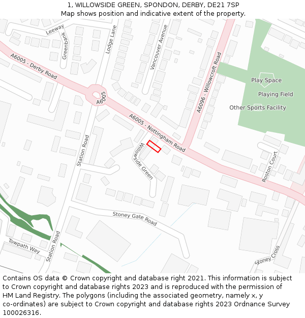 1, WILLOWSIDE GREEN, SPONDON, DERBY, DE21 7SP: Location map and indicative extent of plot