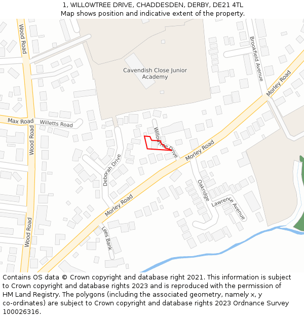 1, WILLOWTREE DRIVE, CHADDESDEN, DERBY, DE21 4TL: Location map and indicative extent of plot
