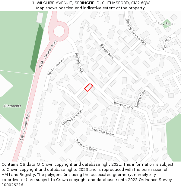 1, WILSHIRE AVENUE, SPRINGFIELD, CHELMSFORD, CM2 6QW: Location map and indicative extent of plot
