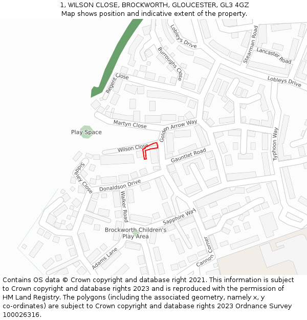 1, WILSON CLOSE, BROCKWORTH, GLOUCESTER, GL3 4GZ: Location map and indicative extent of plot