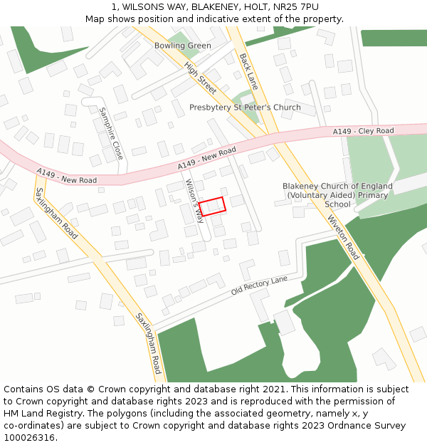 1, WILSONS WAY, BLAKENEY, HOLT, NR25 7PU: Location map and indicative extent of plot